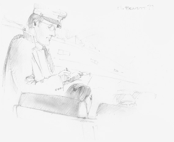 081006 Graphic pencil sketch of a railway agent controlling a girl 
