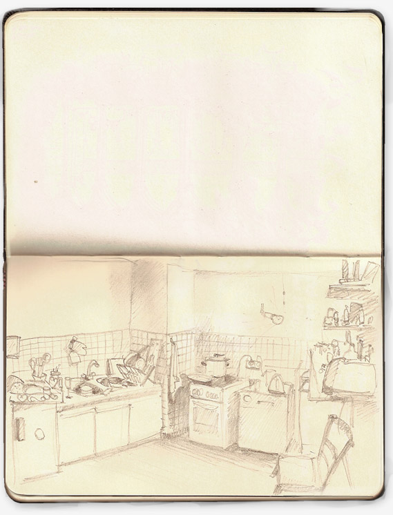 Insomniac drawing of a busy kitchen